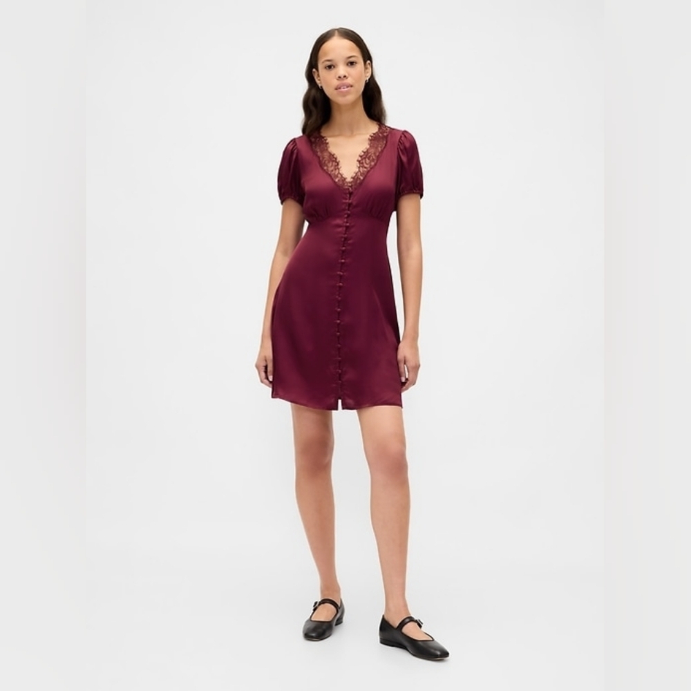 Gap Satin Lace-Trim V-Neck Mini Dress Tuscan Red Burgundy